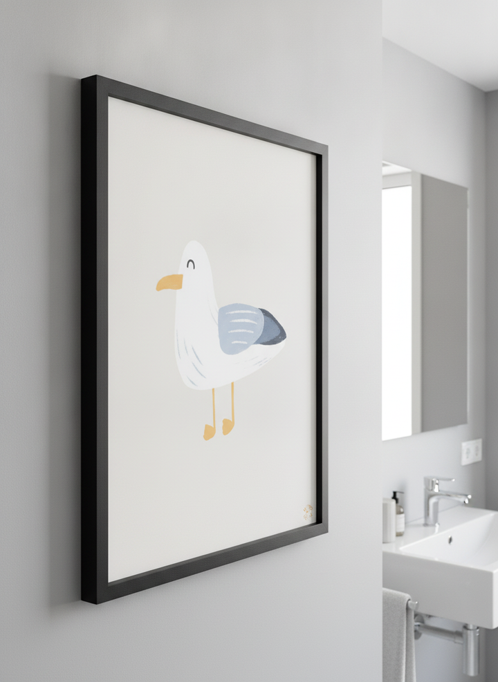 Modern print displayed in a clean minimalist bathroom setting