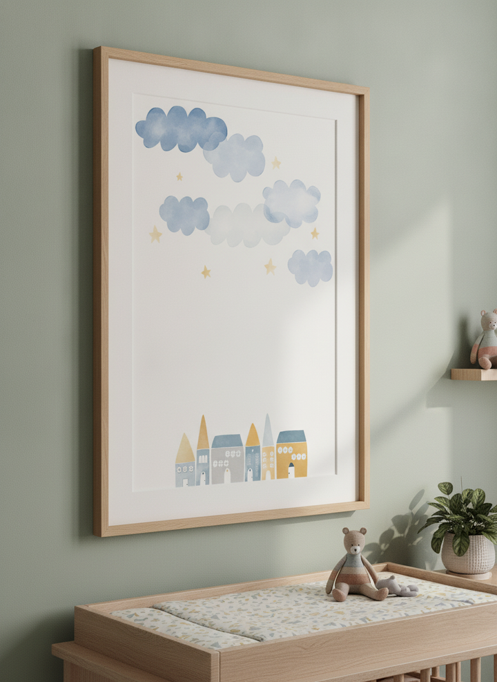 Soft neutral wall art styled in a serene nursery with pastel tones