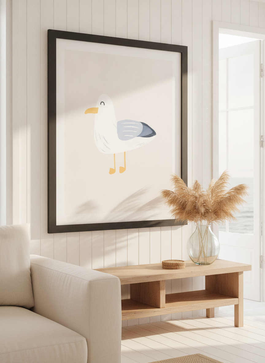 Neutral wall art displayed in a sunny coastal beach house