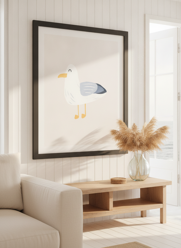 Neutral wall art displayed in a sunny coastal beach house
