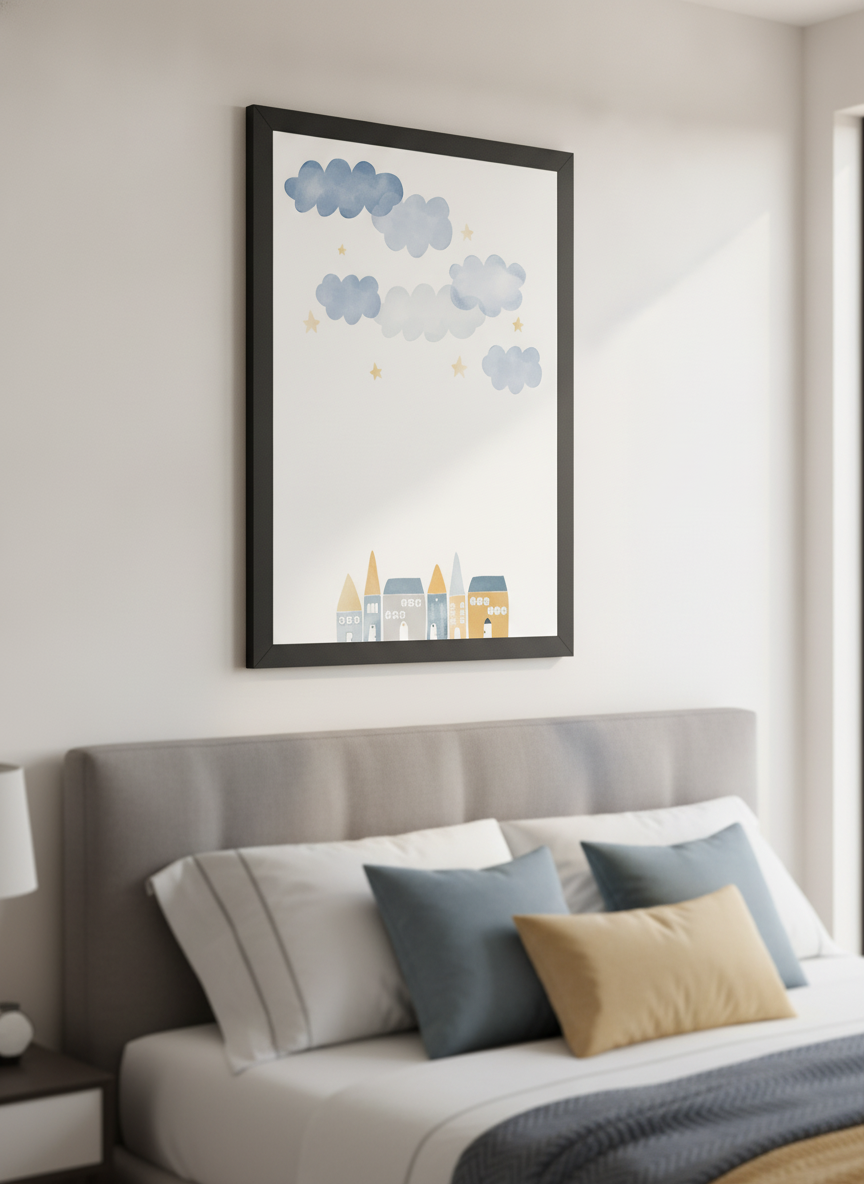 Minimalist artwork displayed in a calm, light-filled bedroom interior