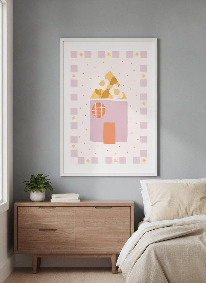 Minimalist artwork displayed in a calm, light-filled bedroom interior