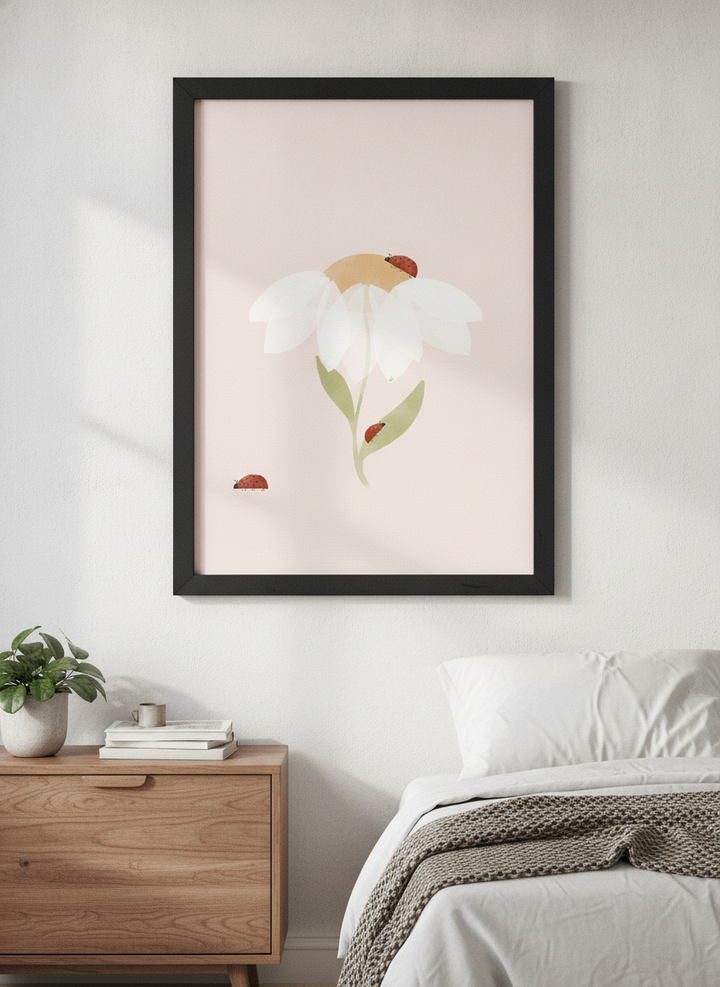 Minimalist artwork displayed in a calm, light-filled bedroom interior