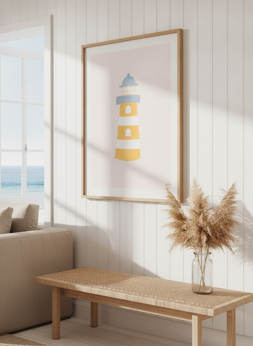 Neutral wall art displayed in a sunny coastal beach house