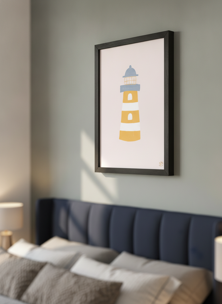 Minimalist artwork displayed in a calm, light-filled bedroom interior