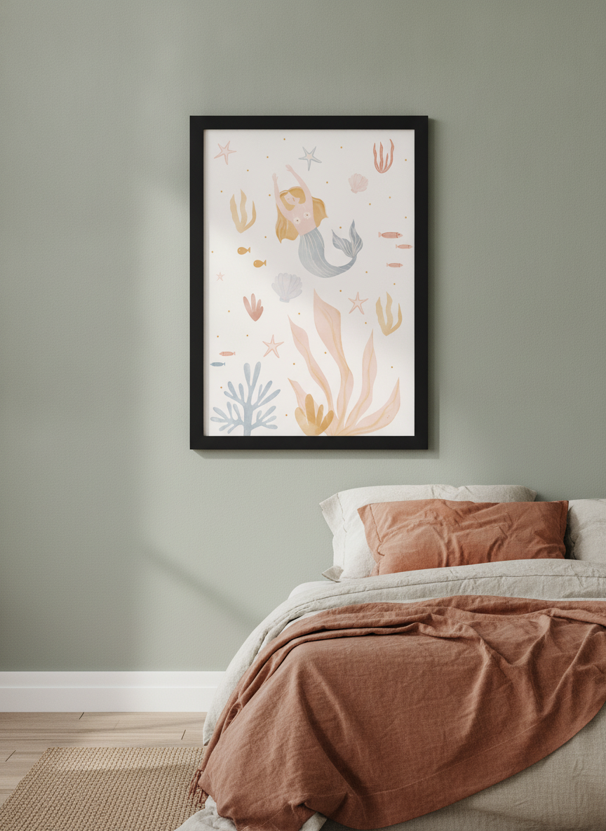 Minimalist artwork displayed in a calm, light-filled bedroom interior