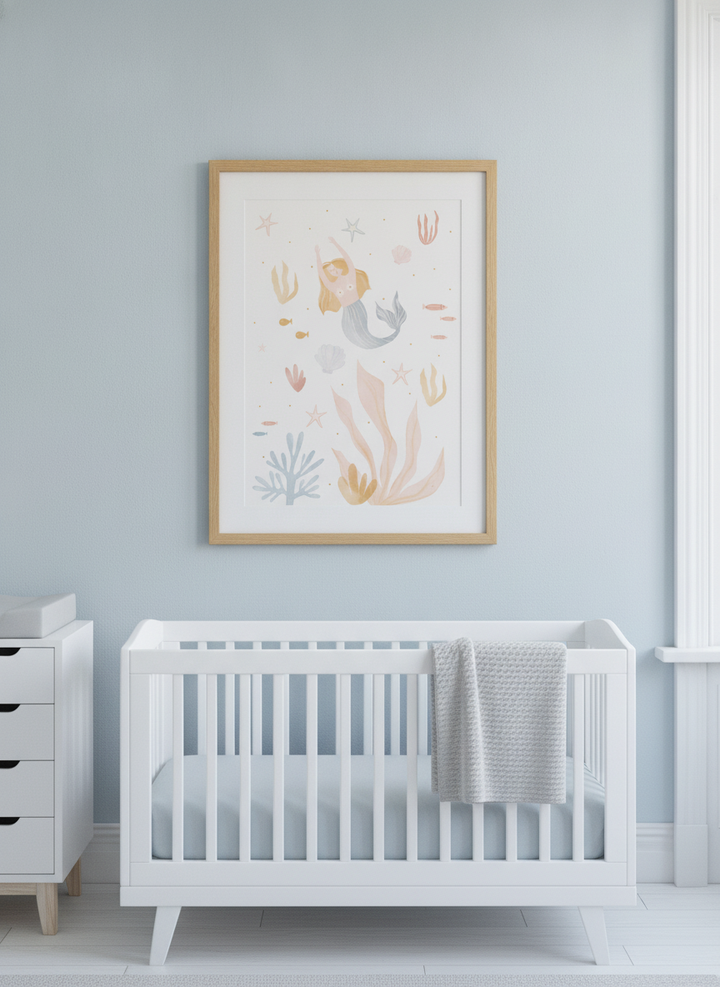 Soft neutral wall art styled in a serene nursery with pastel tones