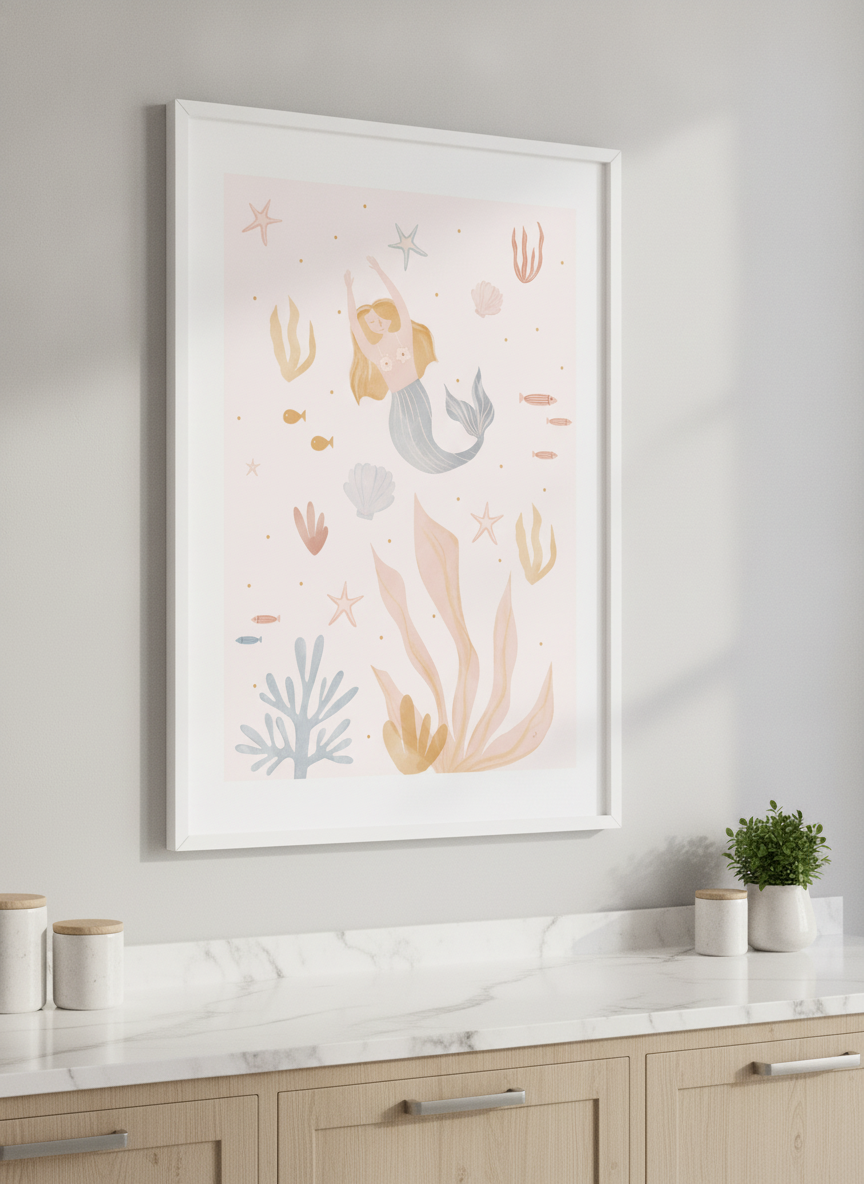 Artwork styled on the wall of a bright modern kitchen