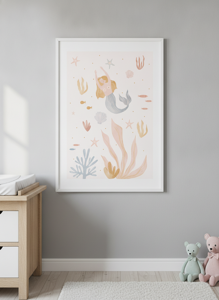 Soft neutral wall art styled in a serene nursery with pastel tones