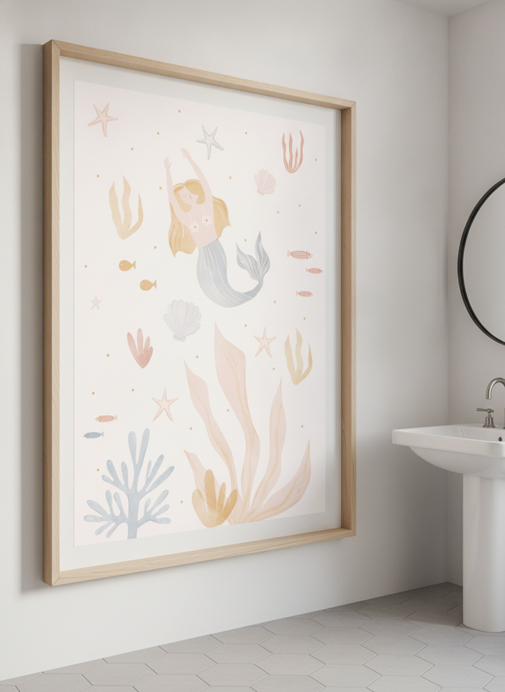 Modern print displayed in a clean minimalist bathroom setting
