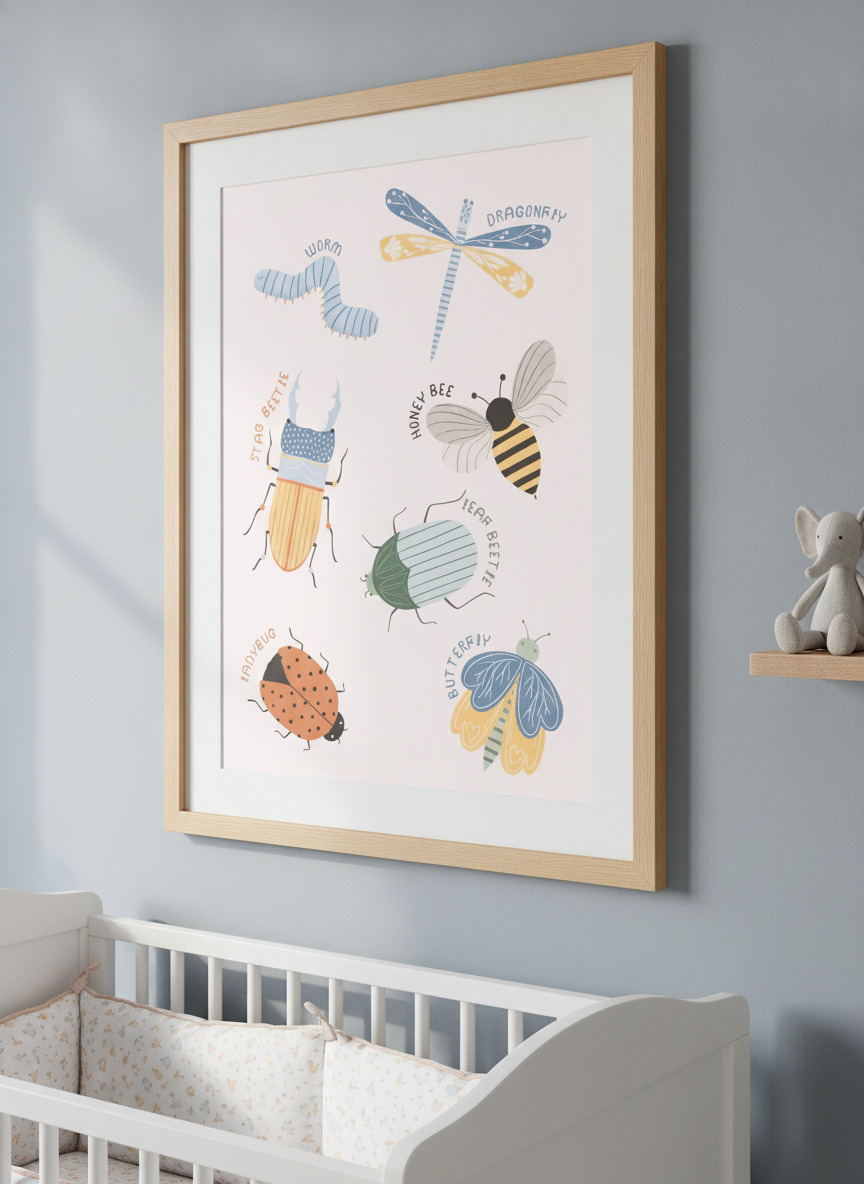 Soft neutral wall art styled in a serene nursery with pastel tones