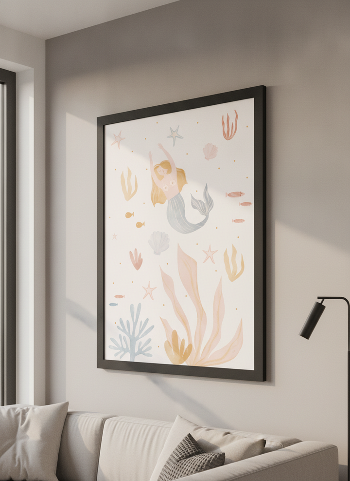 Modern wall art styled above a sofa in a neutral living room