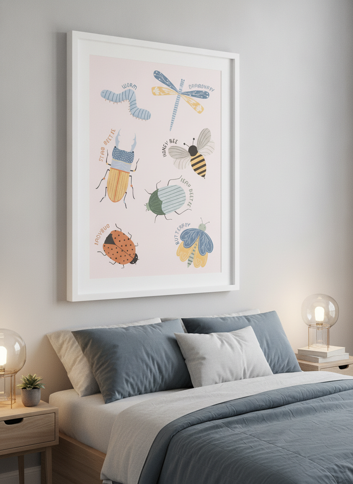 Minimalist artwork displayed in a calm, light-filled bedroom interior