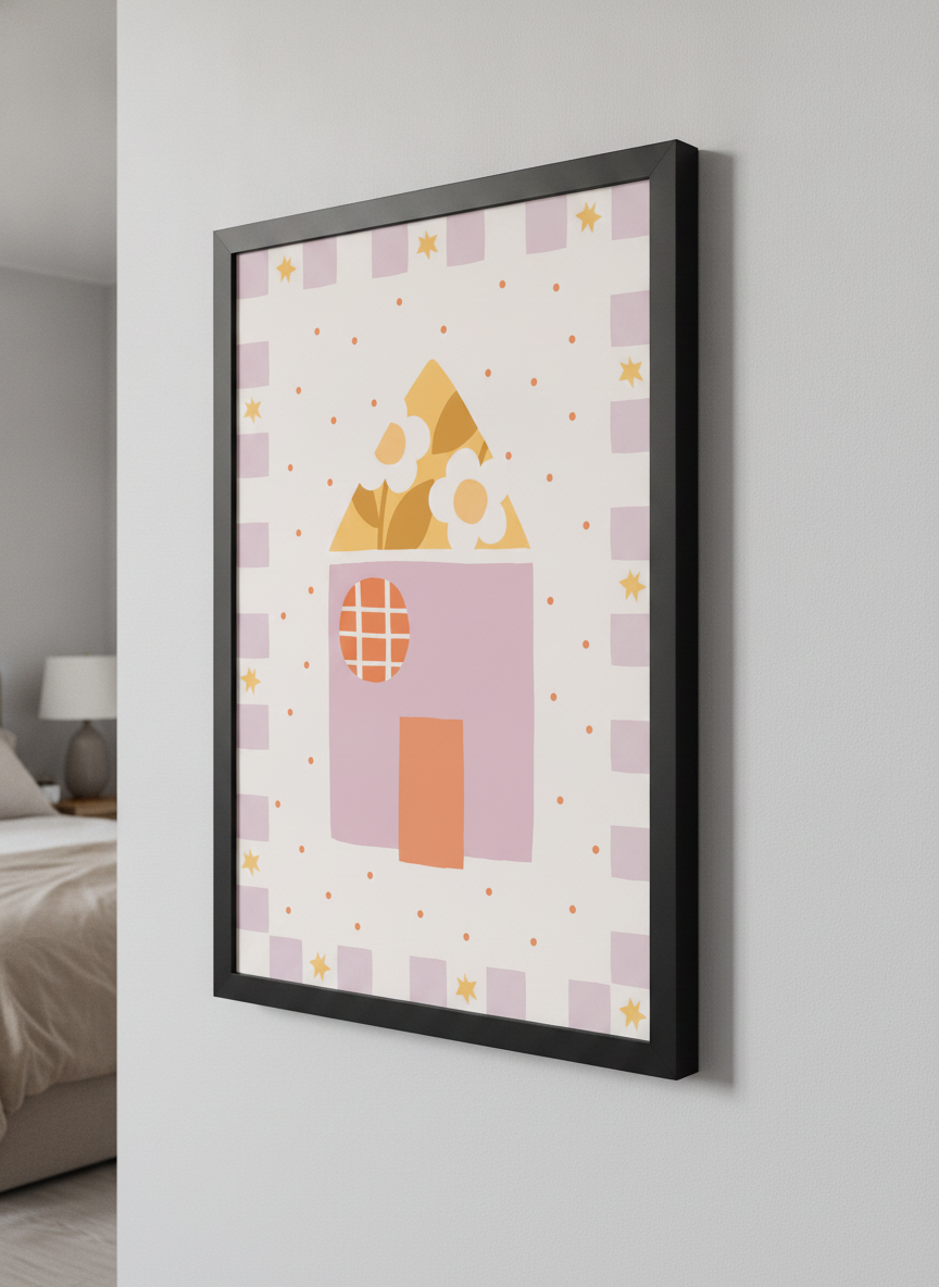 Minimalist artwork displayed in a calm, light-filled bedroom interior