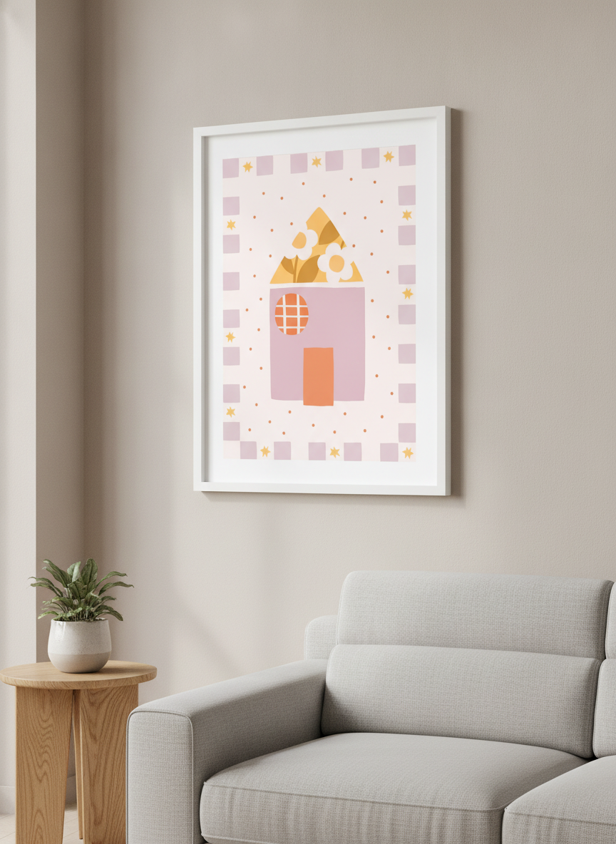 Modern wall art styled above a sofa in a neutral living room
