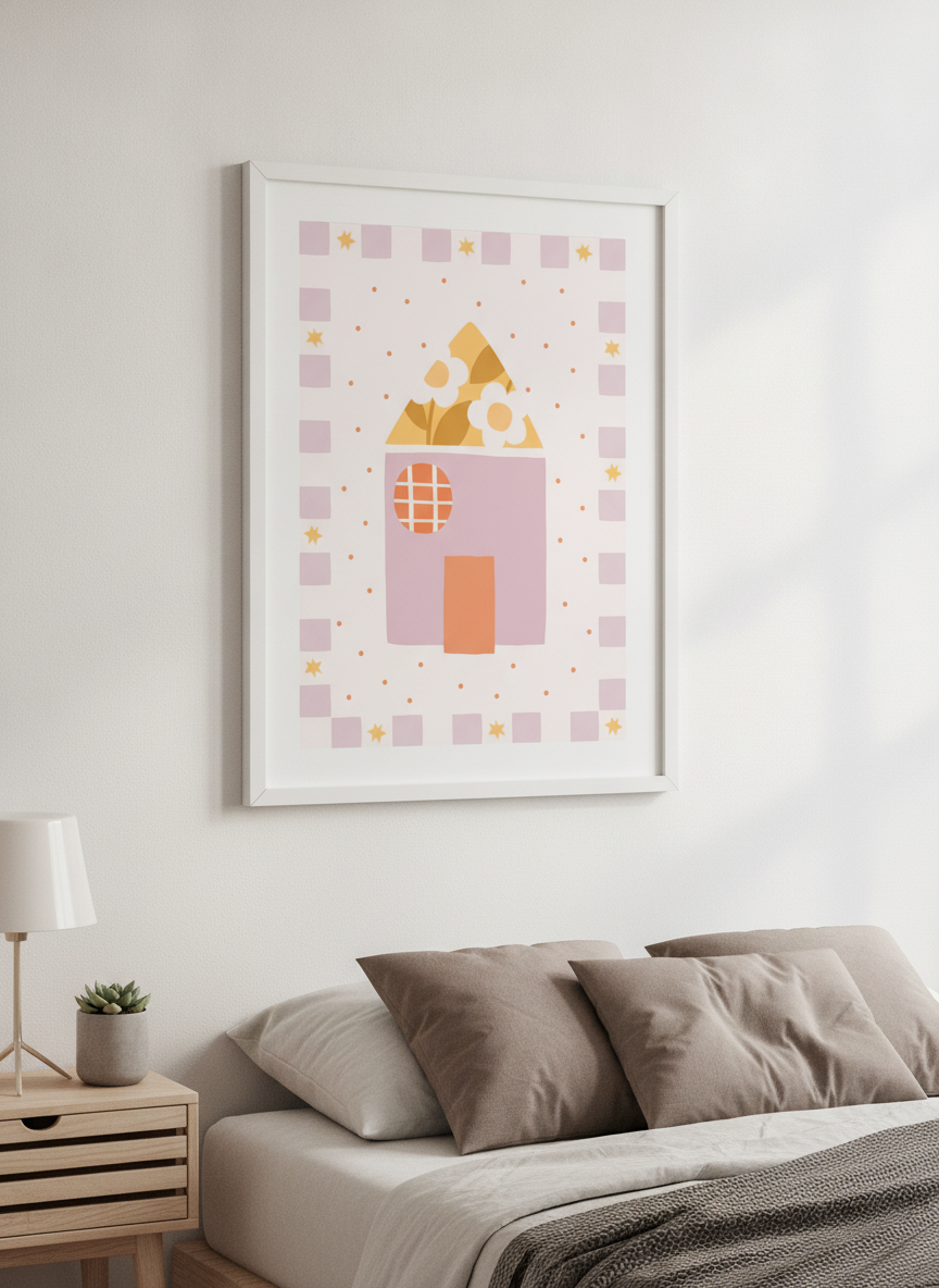 Minimalist artwork displayed in a calm, light-filled bedroom interior