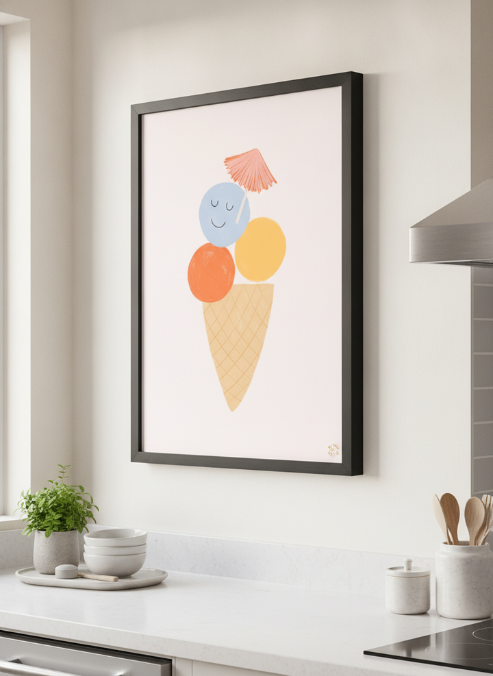 Artwork styled on the wall of a bright modern kitchen