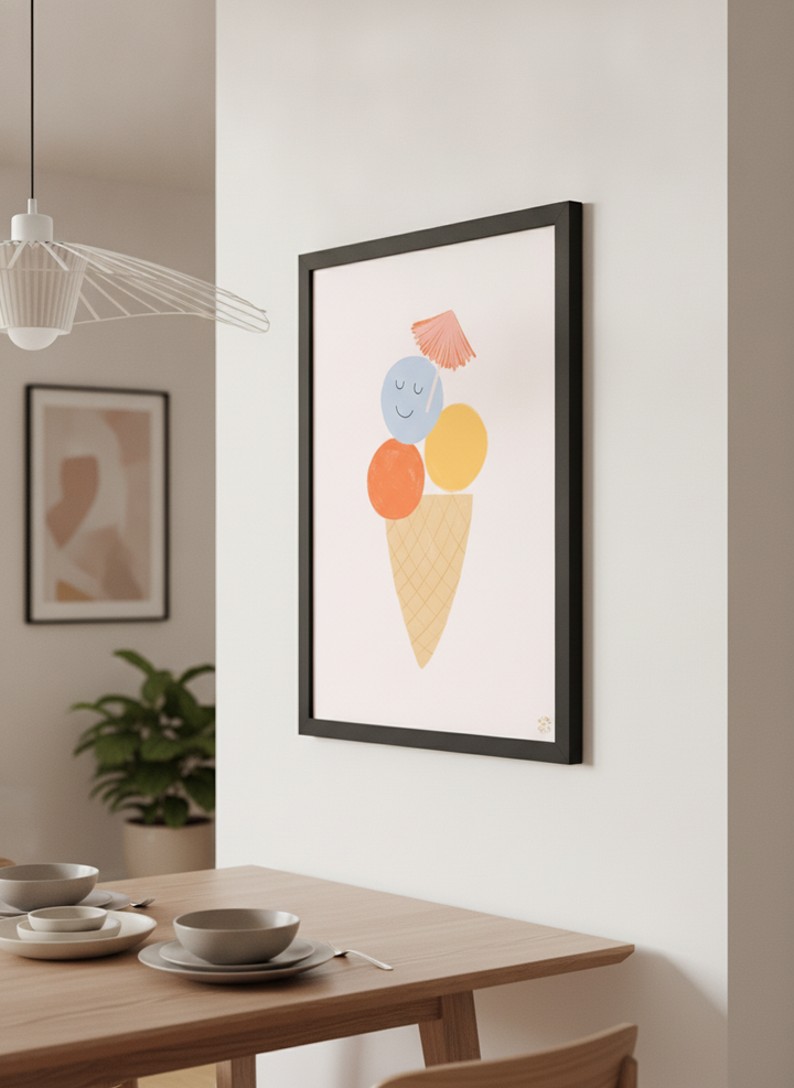 Wall art styled above a dining table in a contemporary home