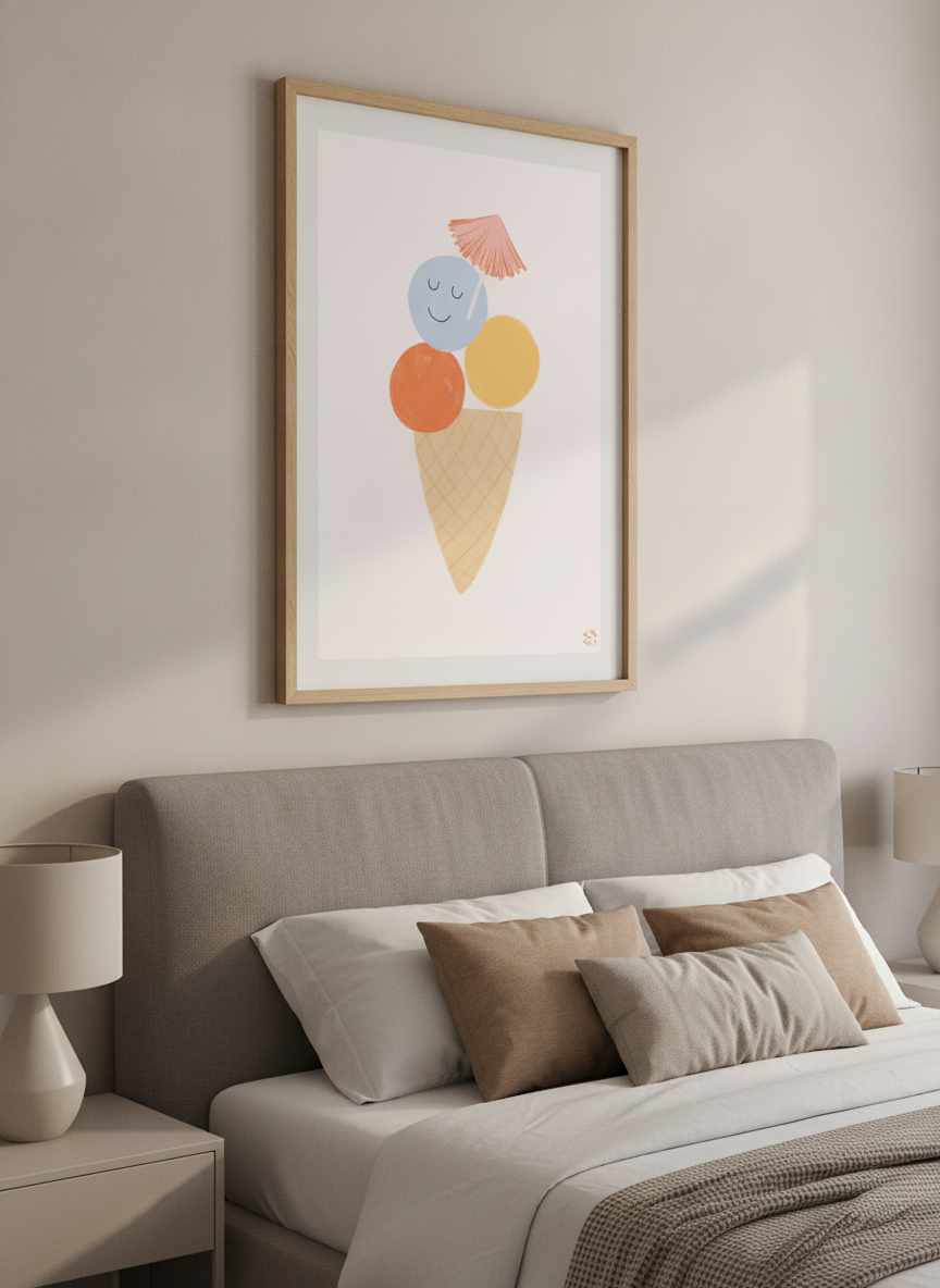 Minimalist artwork displayed in a calm, light-filled bedroom interior