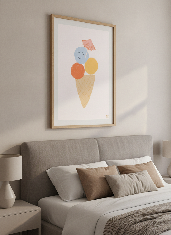 Minimalist artwork displayed in a calm, light-filled bedroom interior