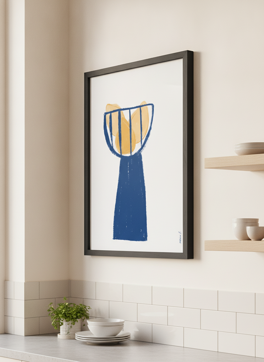 Artwork styled on the wall of a bright modern kitchen