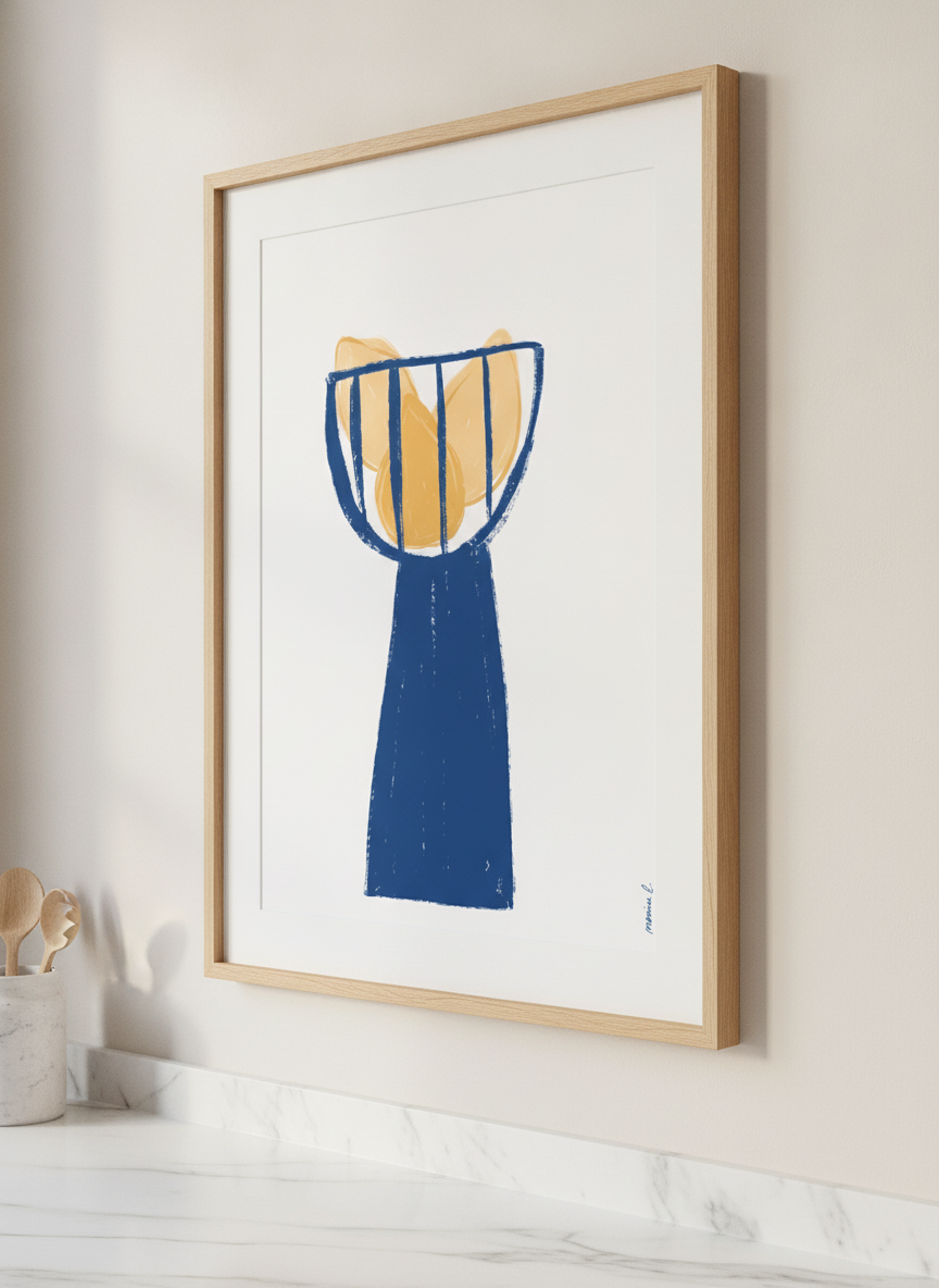 Artwork styled on the wall of a bright modern kitchen