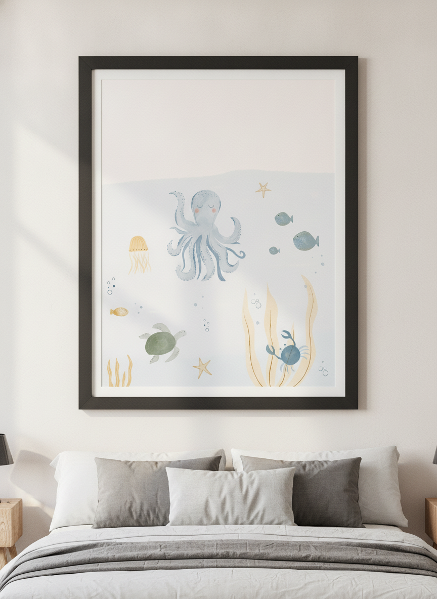 Minimalist artwork displayed in a calm, light-filled bedroom interior