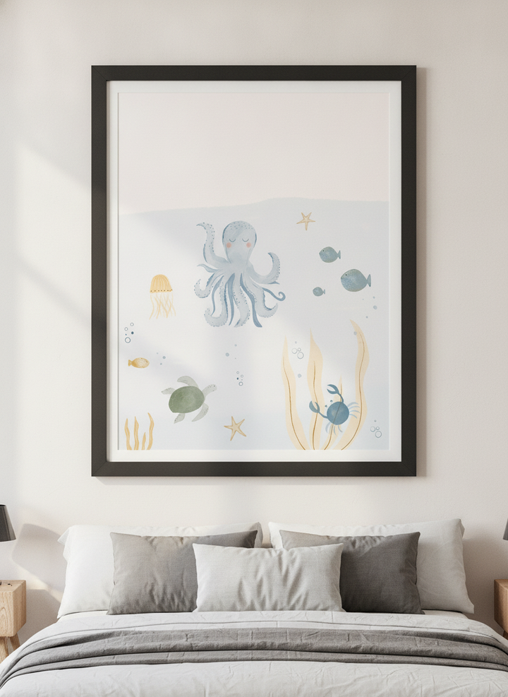 Minimalist artwork displayed in a calm, light-filled bedroom interior