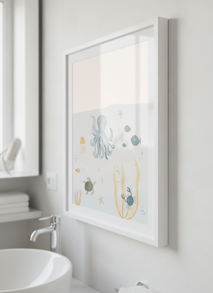 Modern print displayed in a clean minimalist bathroom setting