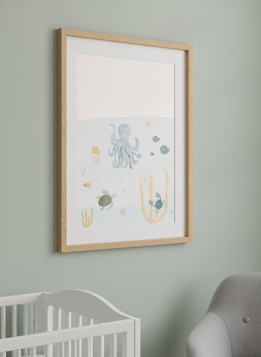 Soft neutral wall art styled in a serene nursery with pastel tones