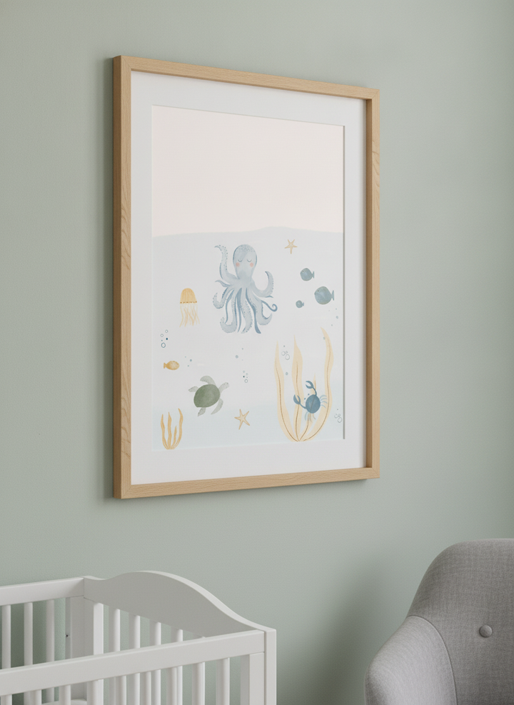 Soft neutral wall art styled in a serene nursery with pastel tones
