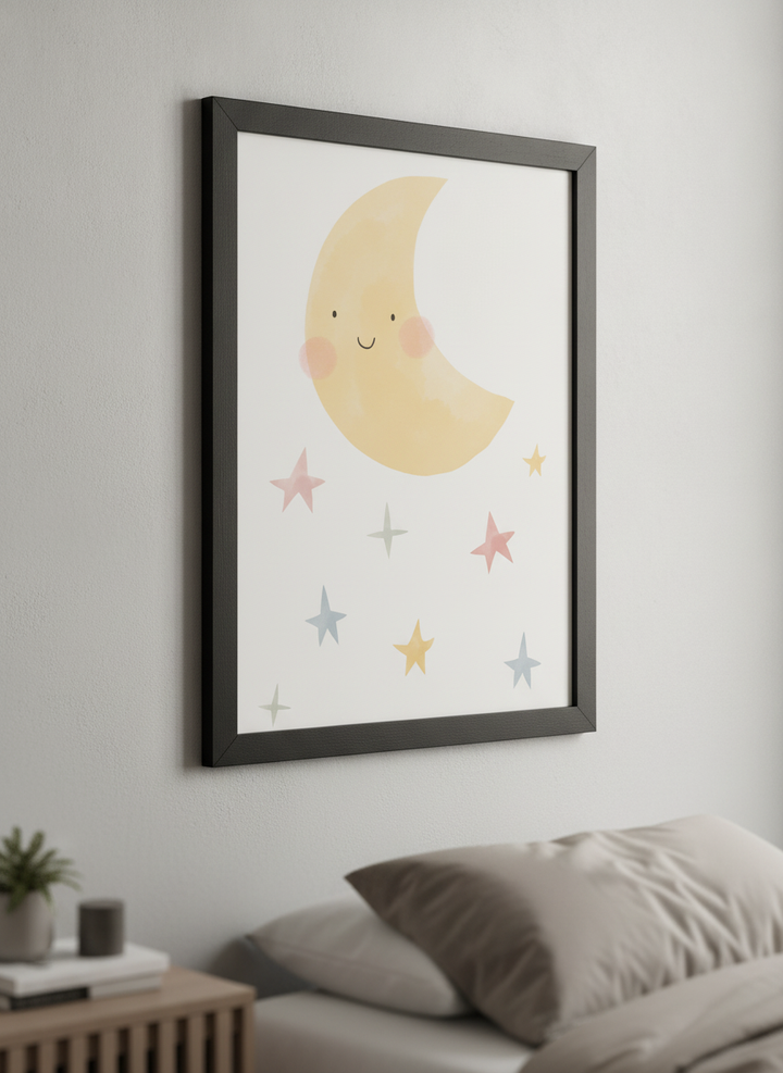 Minimalist artwork displayed in a calm, light-filled bedroom interior