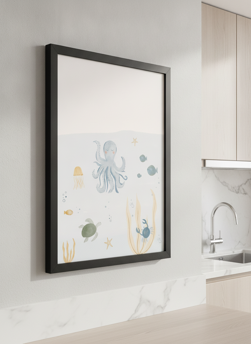 Artwork styled on the wall of a bright modern kitchen