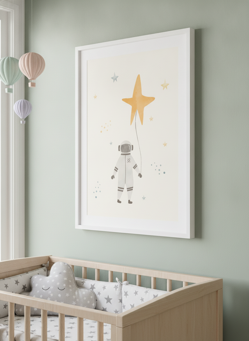 Soft neutral wall art styled in a serene nursery with pastel tones
