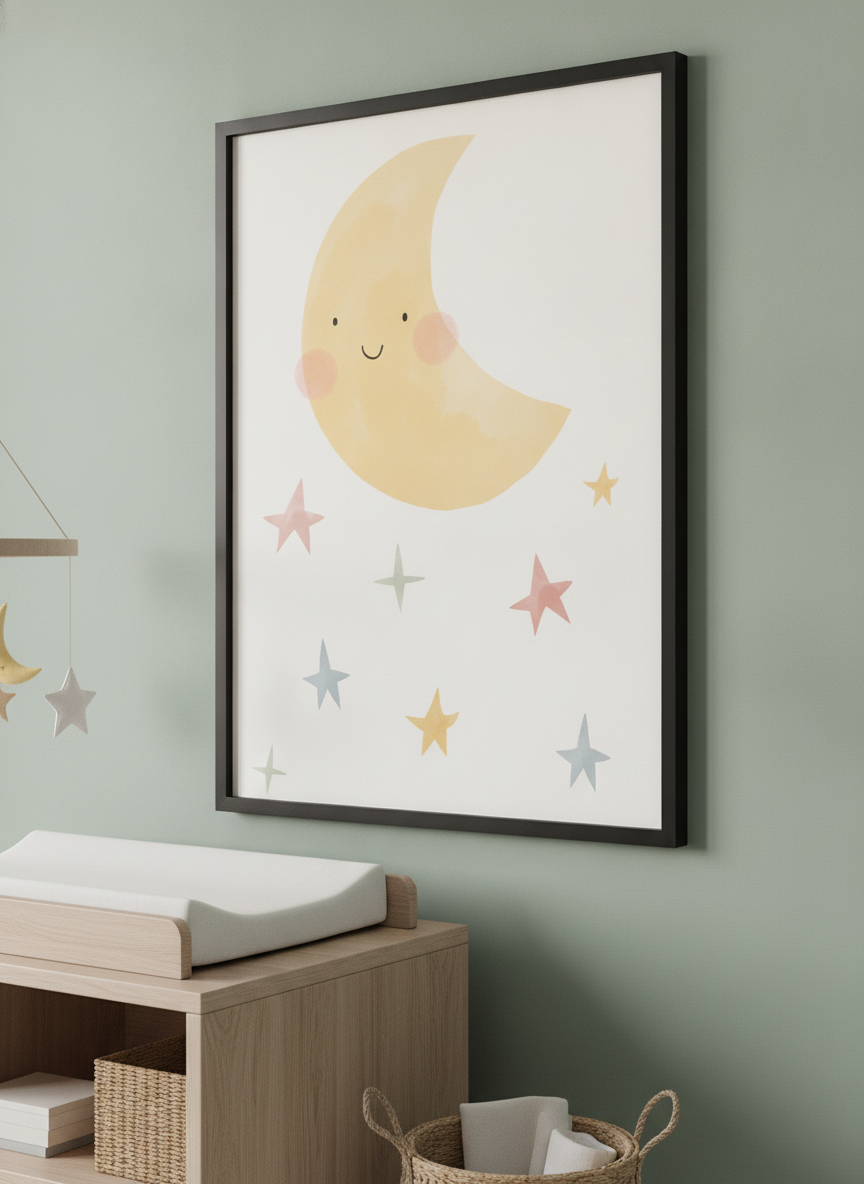 Soft neutral wall art styled in a serene nursery with pastel tones