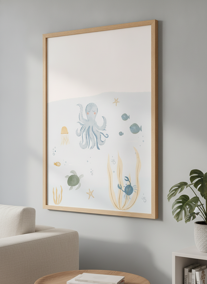 Modern wall art styled above a sofa in a neutral living room