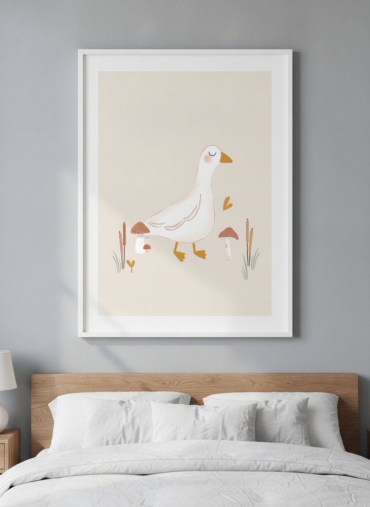 Minimalist artwork displayed in a calm, light-filled bedroom interior