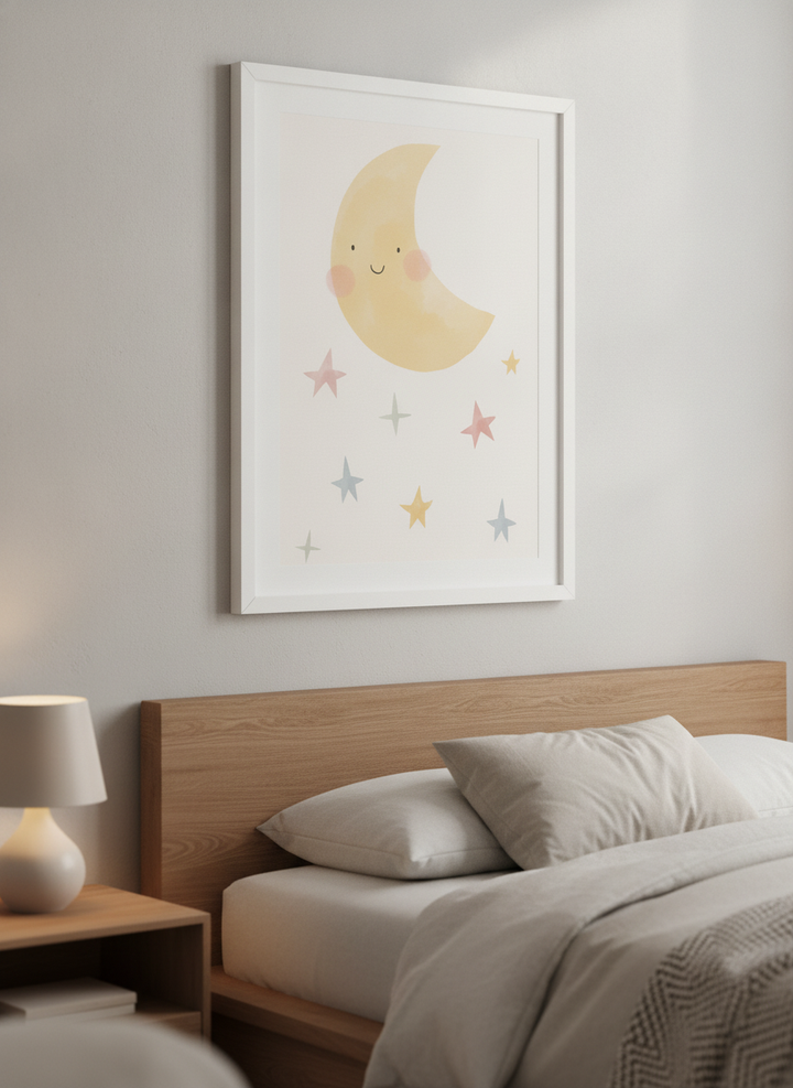 Minimalist artwork displayed in a calm, light-filled bedroom interior