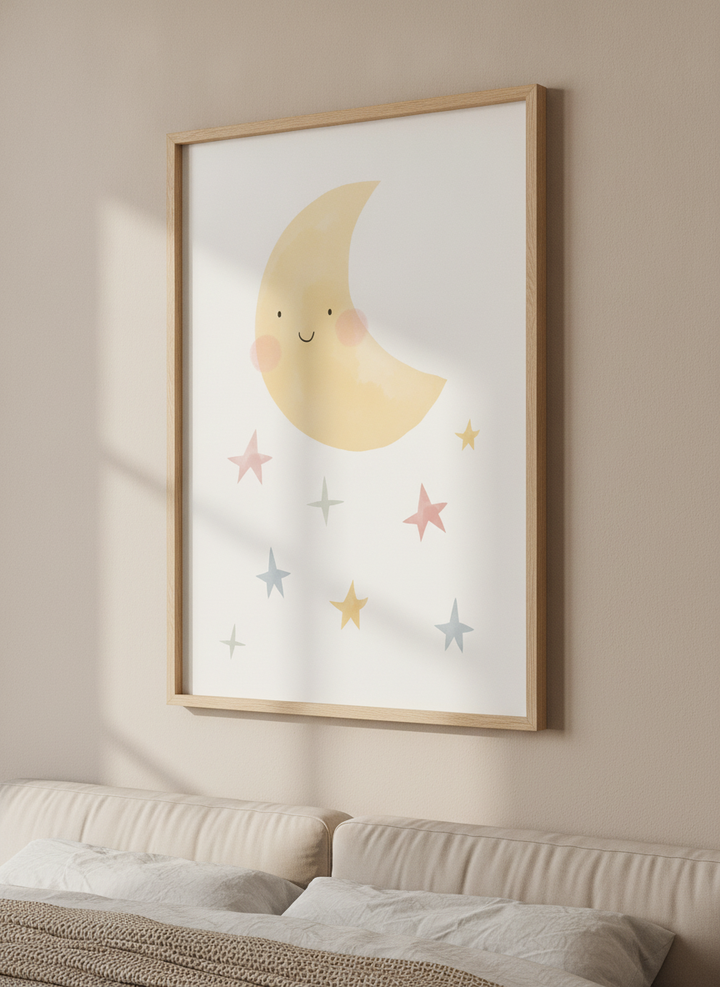 Minimalist artwork displayed in a calm, light-filled bedroom interior