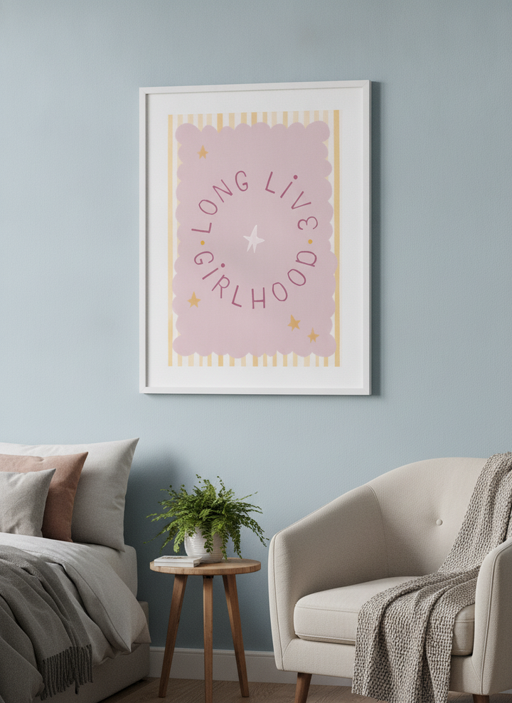 Minimalist artwork displayed in a calm, light-filled bedroom interior