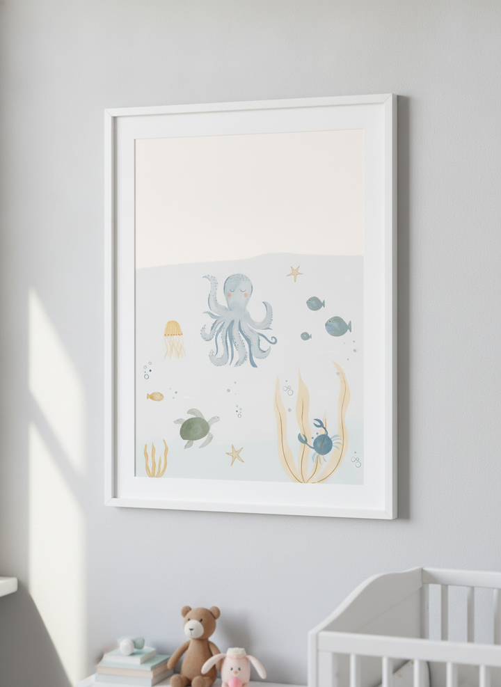 Soft neutral wall art styled in a serene nursery with pastel tones