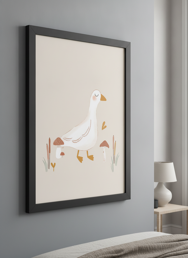 Minimalist artwork displayed in a calm, light-filled bedroom interior