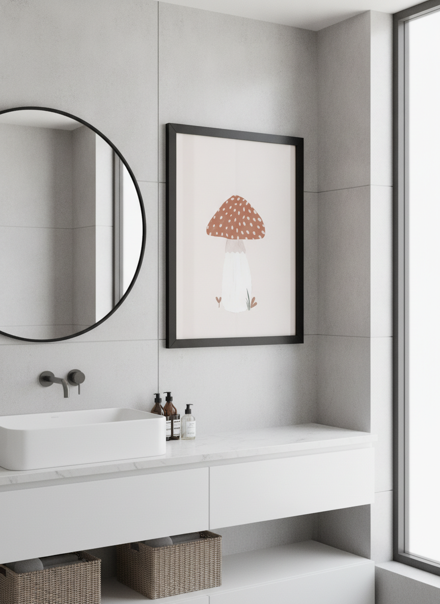 Modern print displayed in a clean minimalist bathroom setting