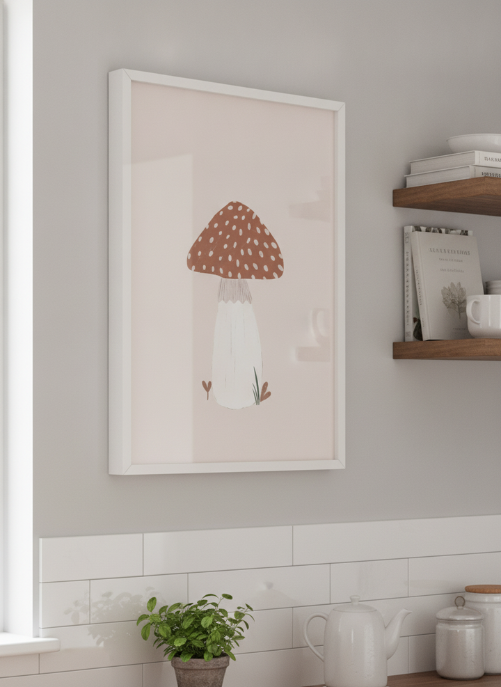 Artwork styled on the wall of a bright modern kitchen