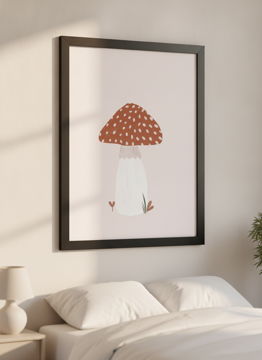 Minimalist artwork displayed in a calm, light-filled bedroom interior