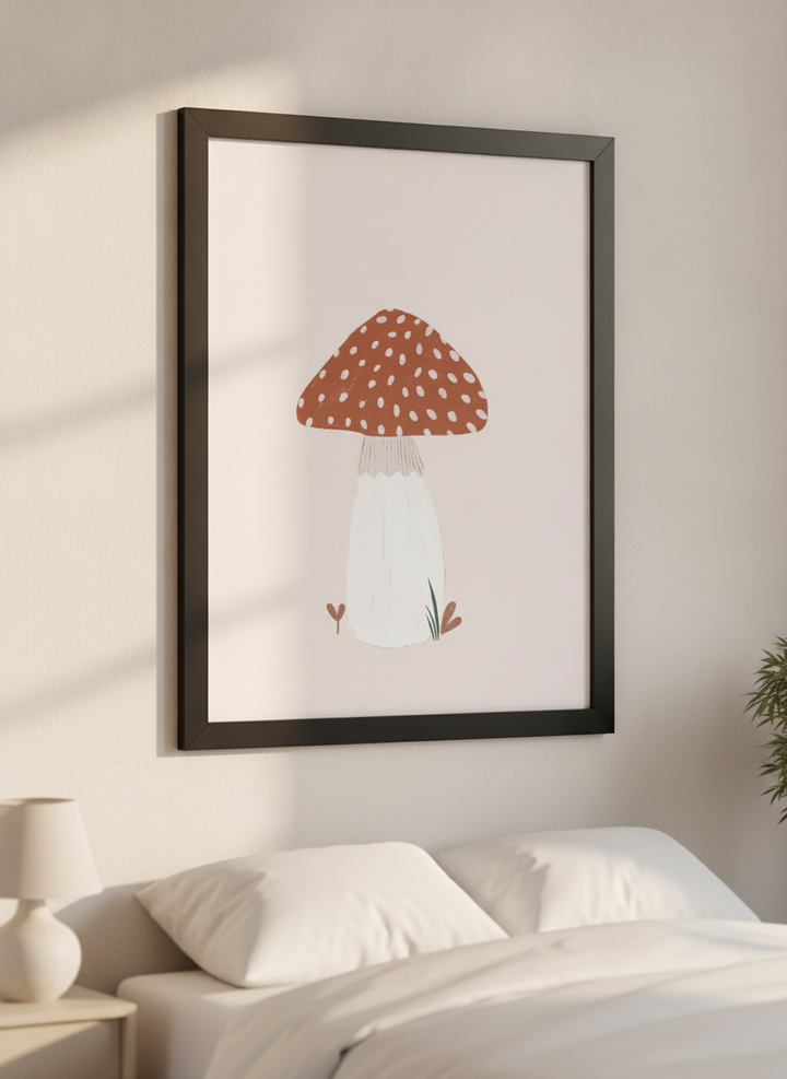 Minimalist artwork displayed in a calm, light-filled bedroom interior