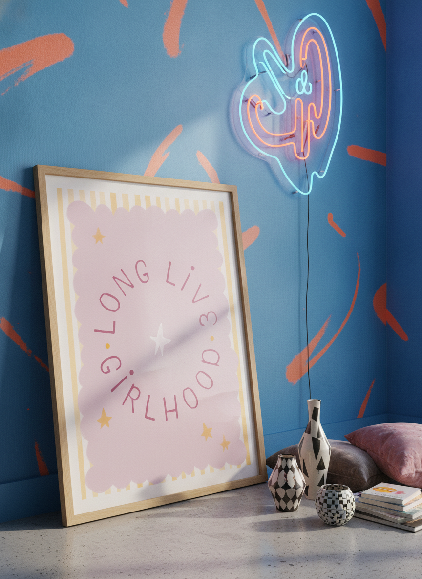Bold wall art styled in a colourful, eclectic modern home