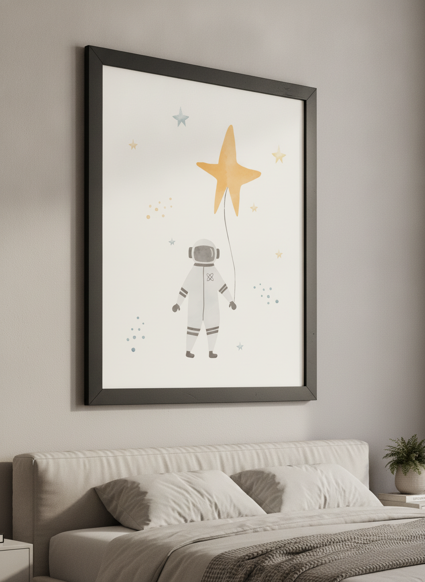 Minimalist artwork displayed in a calm, light-filled bedroom interior