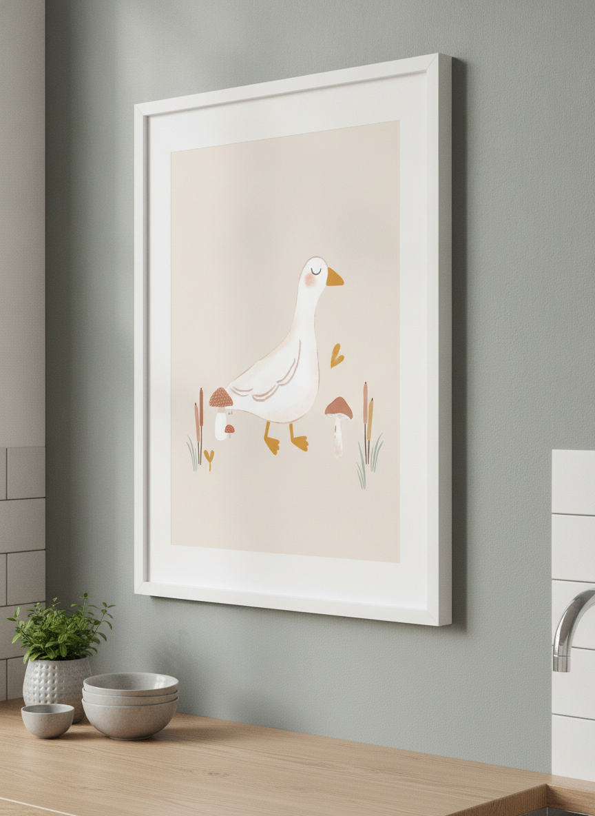 Artwork styled on the wall of a bright modern kitchen