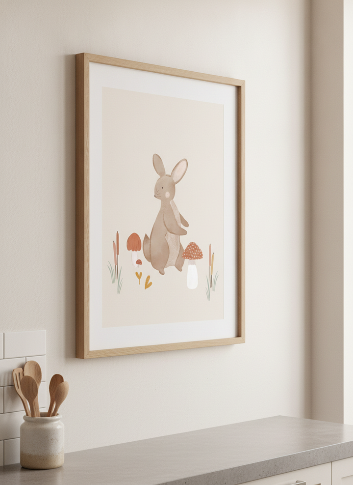 Artwork styled on the wall of a bright modern kitchen